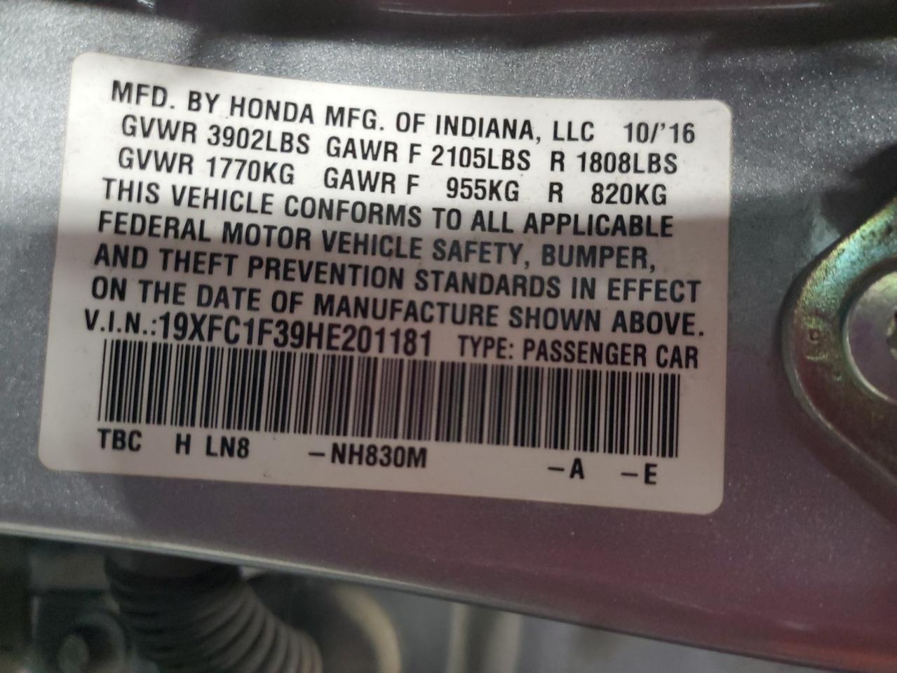 2017 Honda Civic VIN 19XFC1F39HE201181 Copart auction photo, front end / minor dent/scratches damage thumbnail 15
