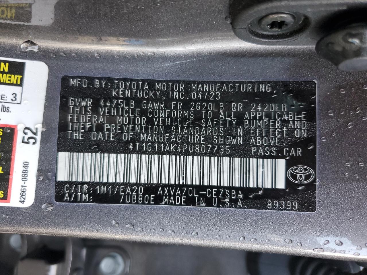 2023 Toyota Camry VIN 4T1G11AK4PU807735 Copart auction photo, front end / side damage thumbnail 13