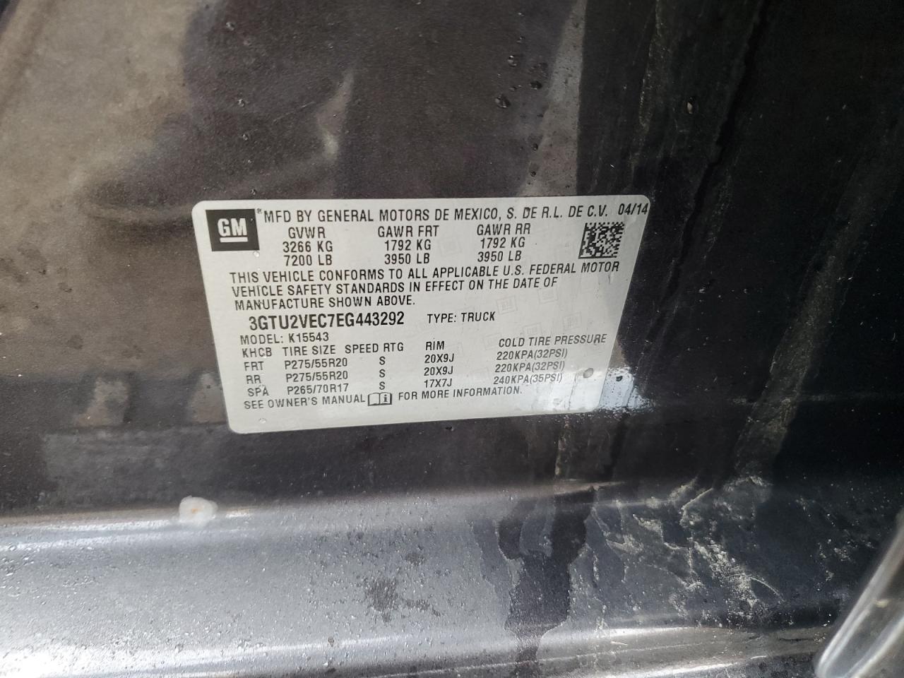 2014 GMC Sierra VIN 3GTU2VEC7EG443292 Copart auction photo, front end damage thumbnail 12