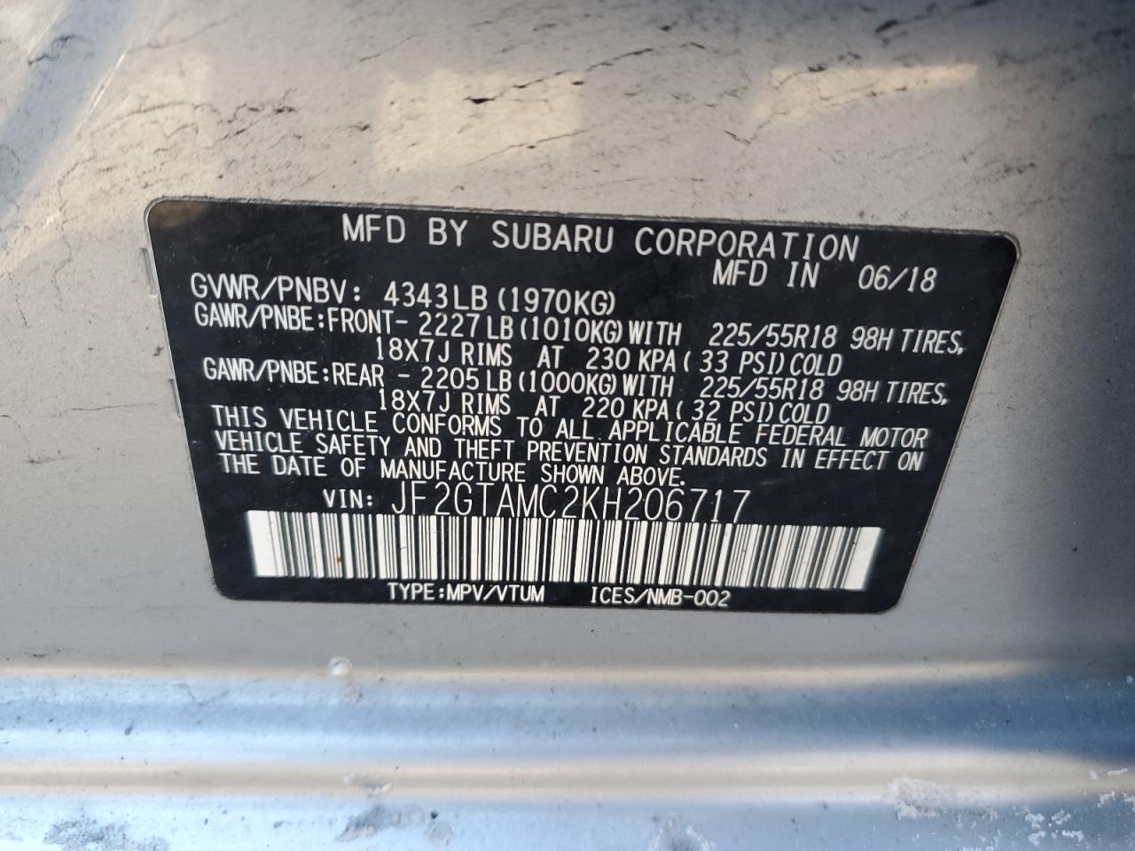 2019 Subaru XV VIN JF2GTAMC2KH206717 Copart auction photo, front end / side damage thumbnail 13
