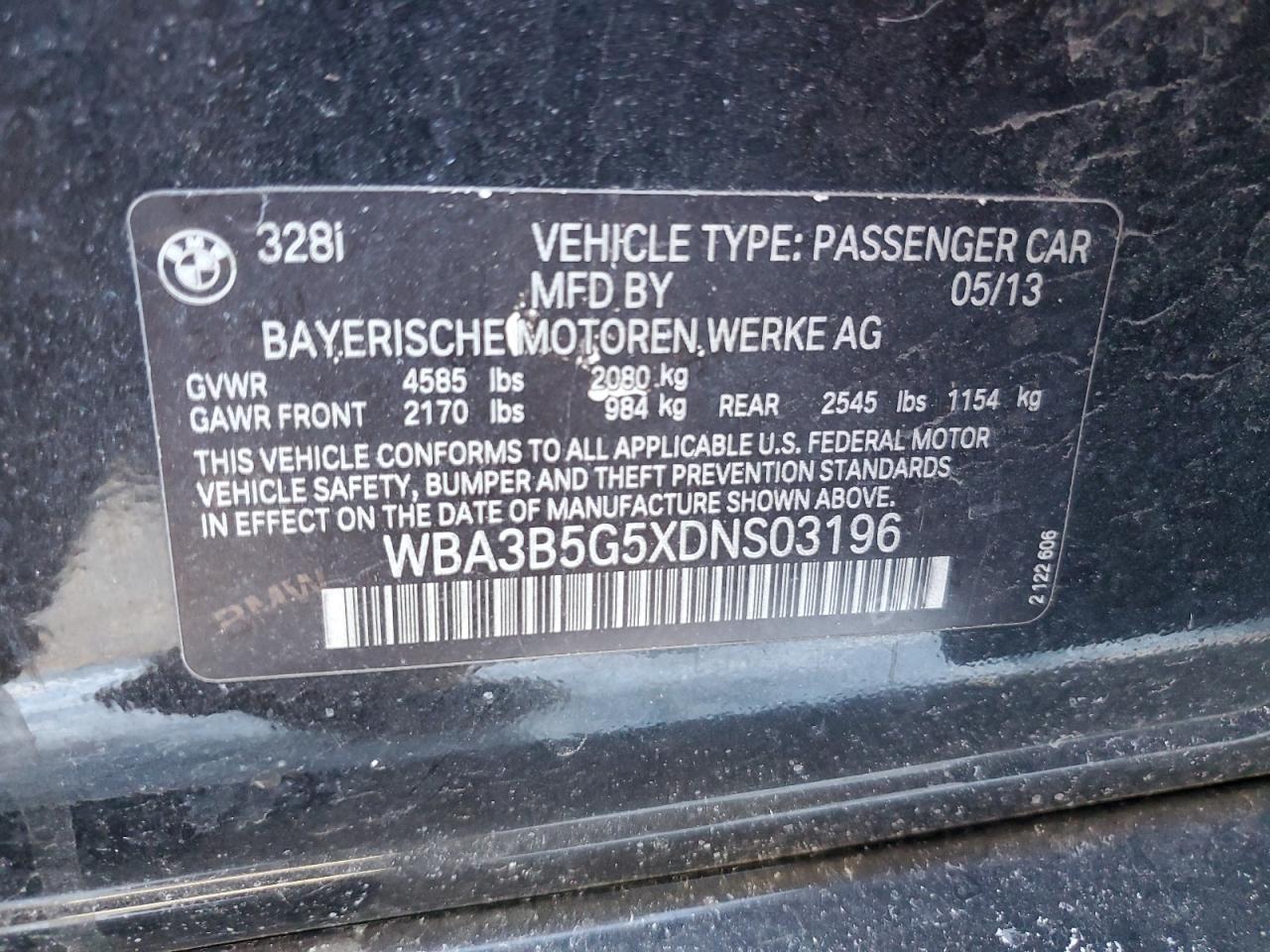 2013 BMW 3er VIN WBA3B5G5XDNS03196 Copart auction photo, normal wear damage thumbnail 12