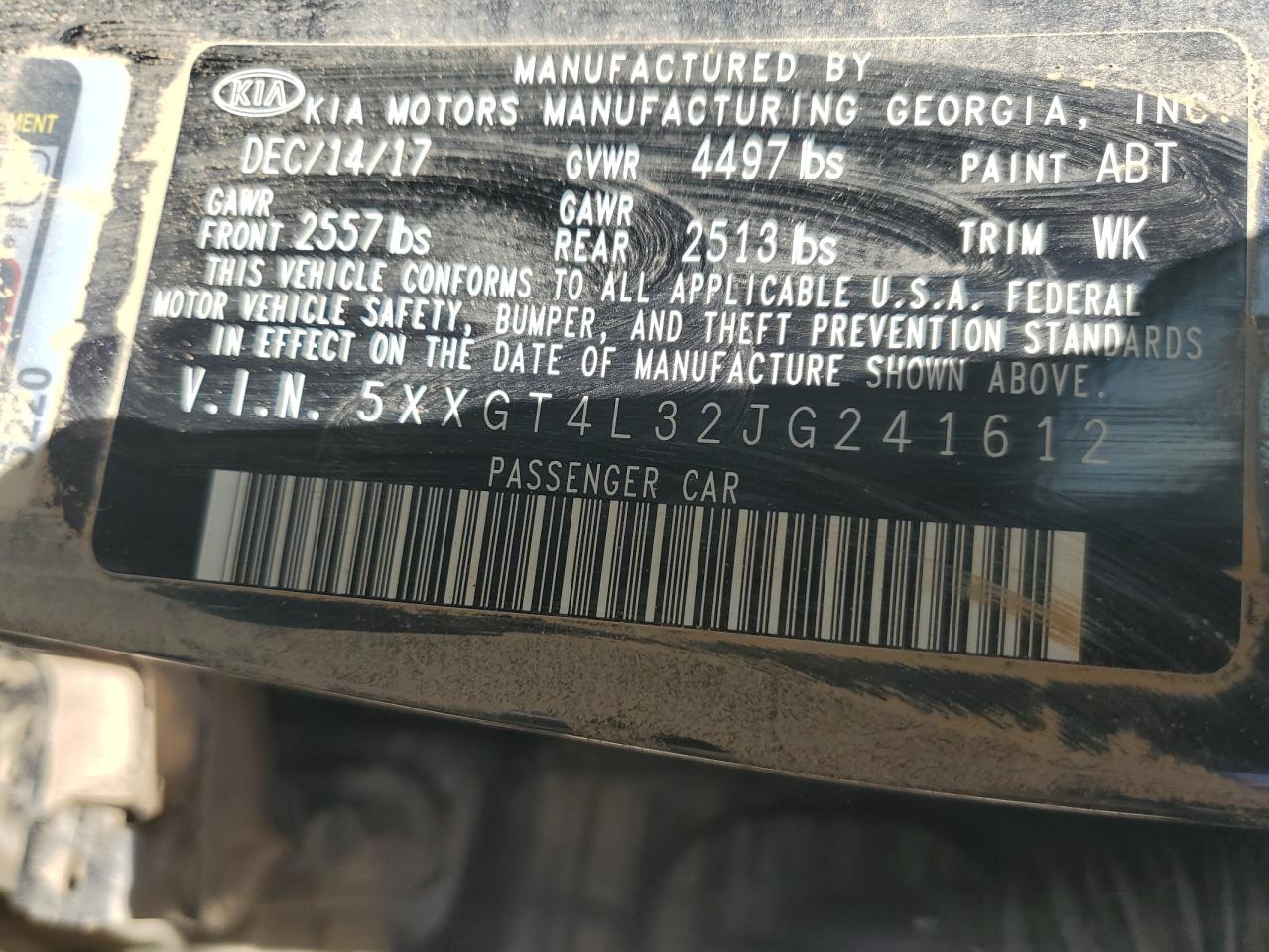 2018 KIA Optima VIN 5XXGT4L32JG241612 Copart auction photo, water/flood damage thumbnail 13
