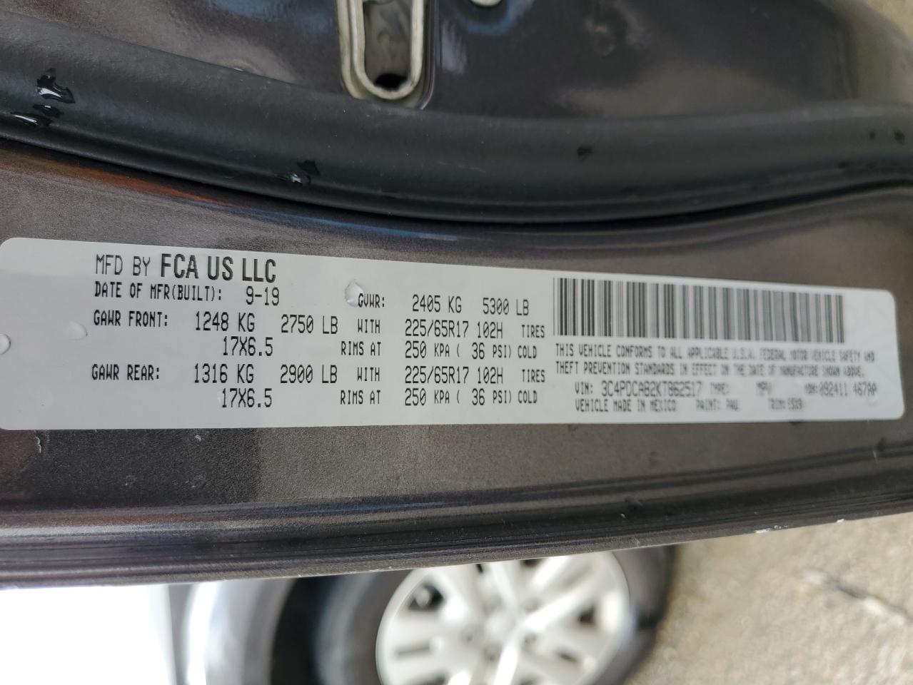 2019 Dodge Journey VIN 3C4PDCAB2KT862517 Copart auction photo, rear end damage thumbnail 14