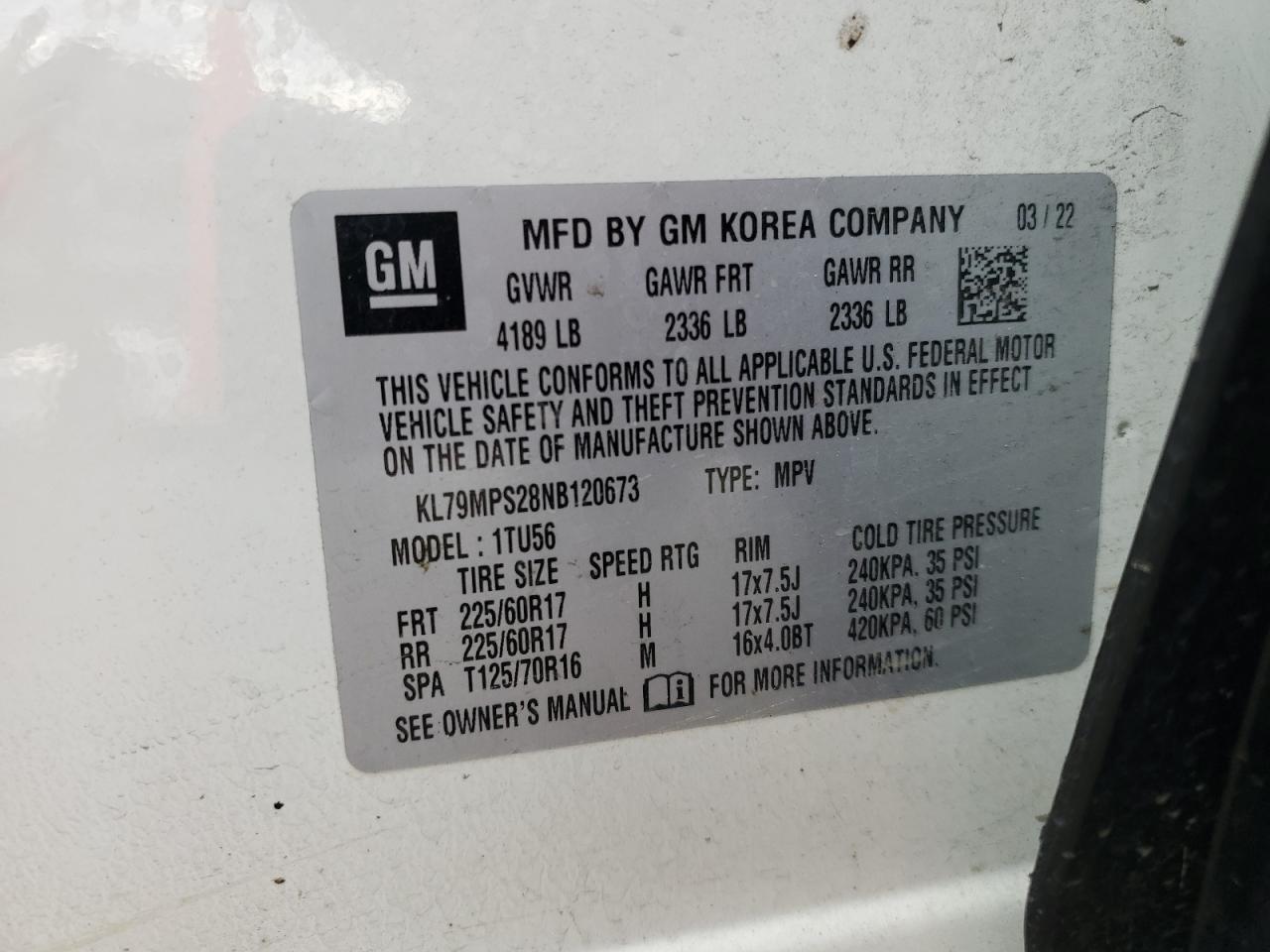 2022 Chevrolet TrailBlazer VIN KL79MPS28NB120673 Copart auction photo, front end damage thumbnail 14