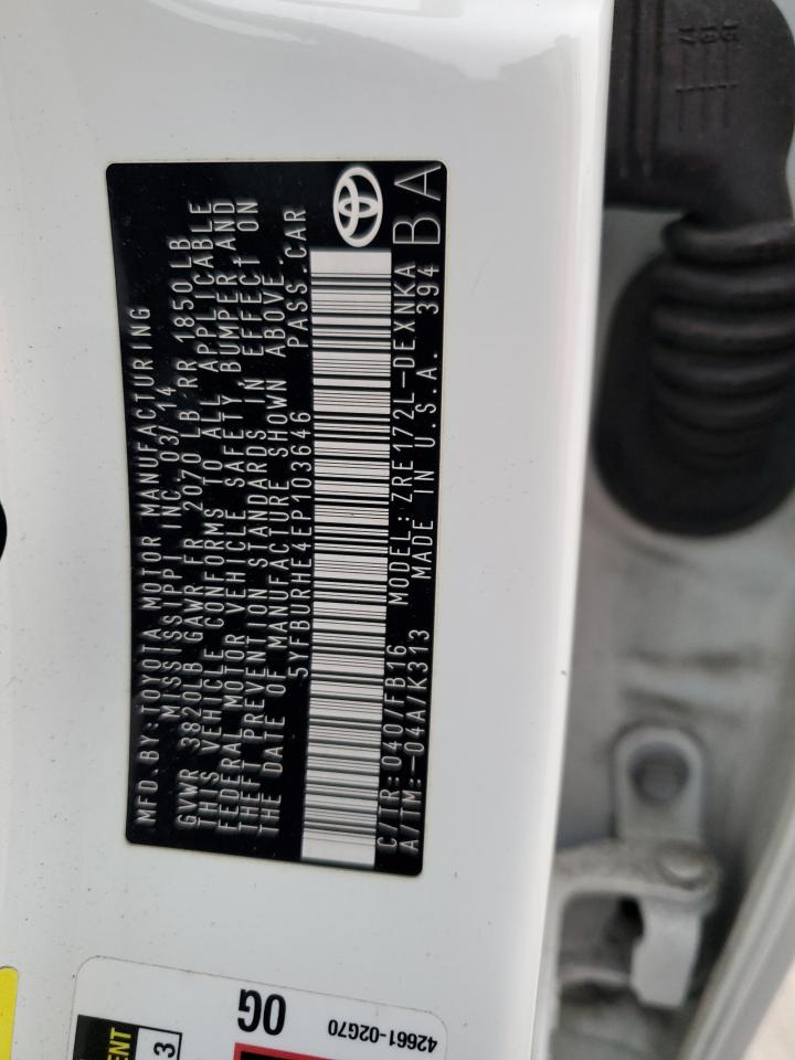 2014 Toyota Corolla VIN 5YFBURHE4EP103646 Copart auction photo, side damage thumbnail 12