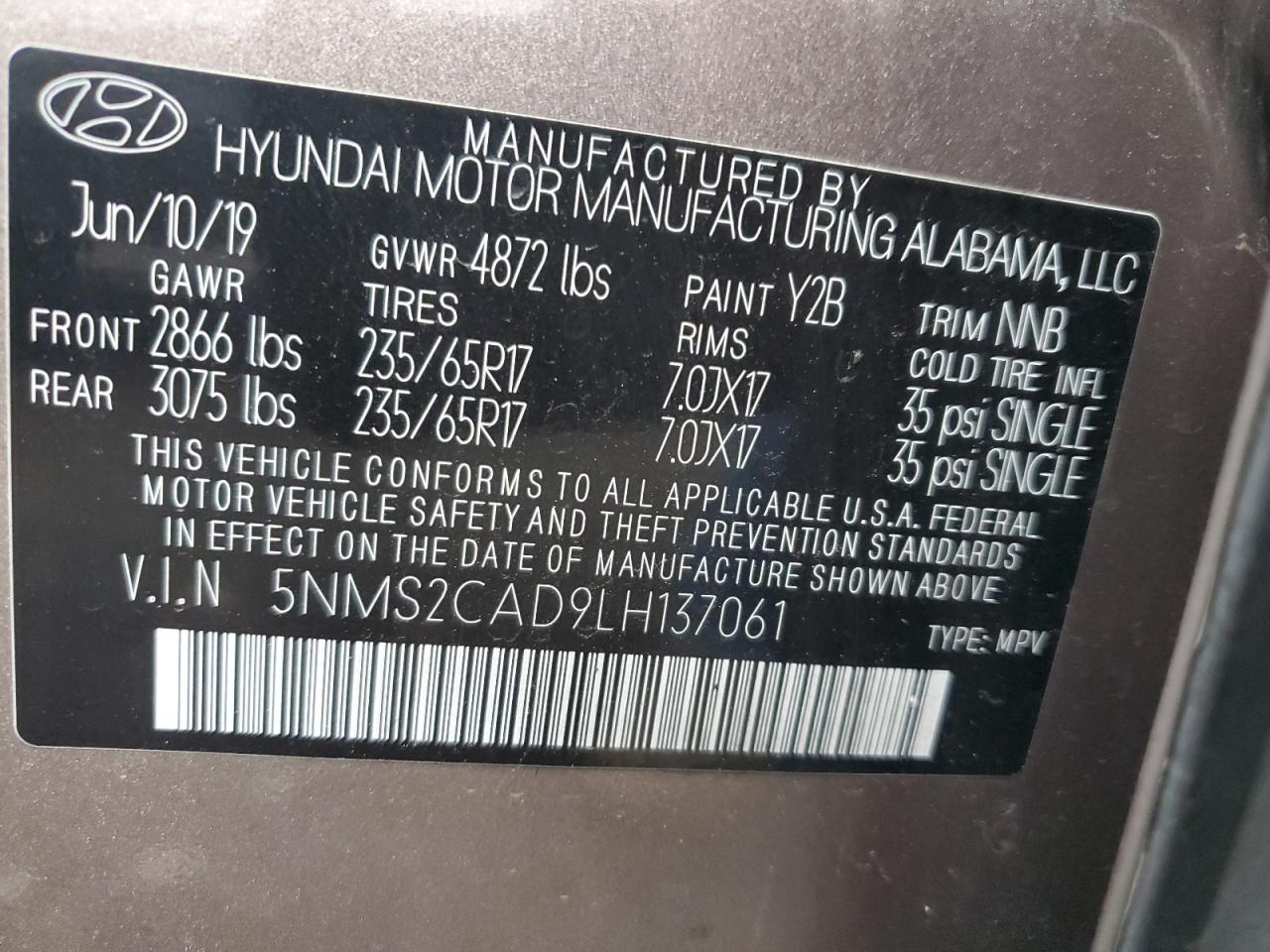 2020 Hyundai Santa Fe VIN 5NMS2CAD9LH137061 Copart auction photo, front end damage thumbnail 13