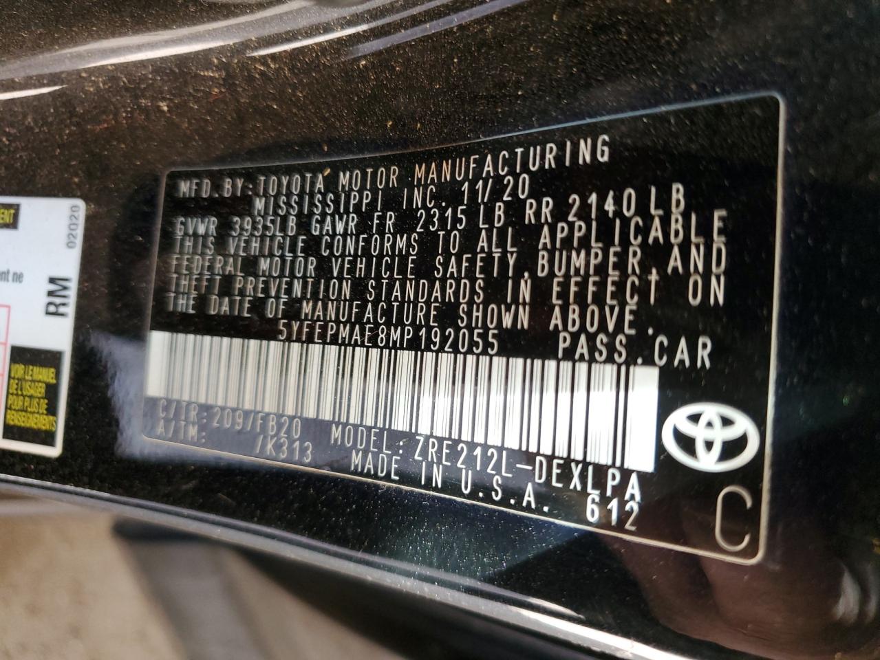 2021 Toyota Corolla VIN 5YFEPMAE8MP192055 Copart auction photo, side damage thumbnail 12