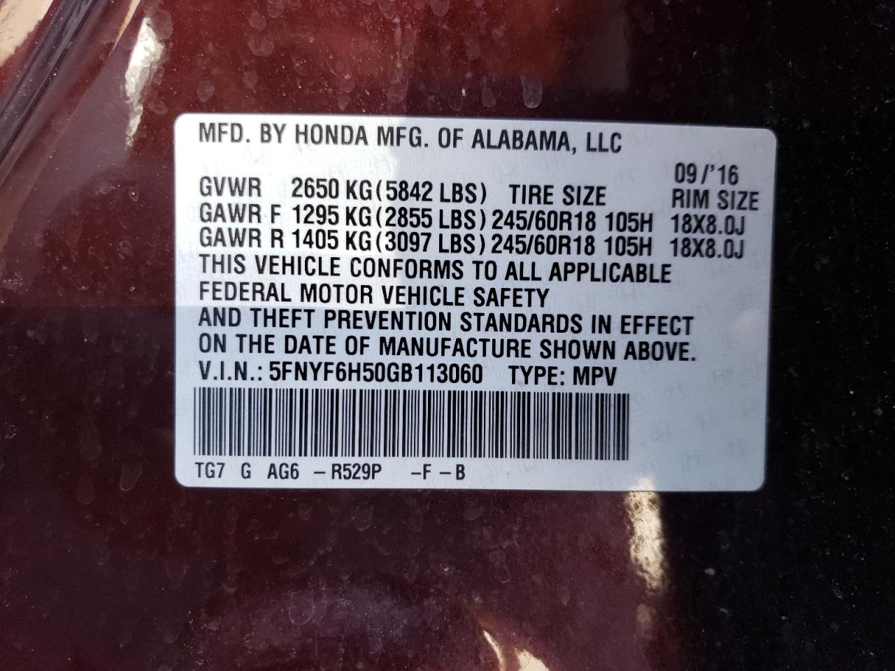 2016 Honda Pilot VIN 5FNYF6H50GB113060 Copart auction photo, front end / rear end damage thumbnail 14