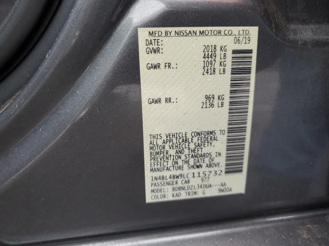 2020 Nissan Altima VIN 1N4BL4BW9LC115732 Copart auction photo, front end damage thumbnail 12