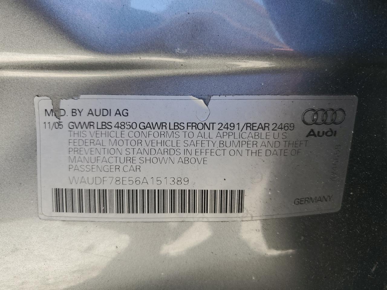 2006 Audi A4 VIN WAUDF78E56A151389 Copart auction photo, side damage thumbnail 14