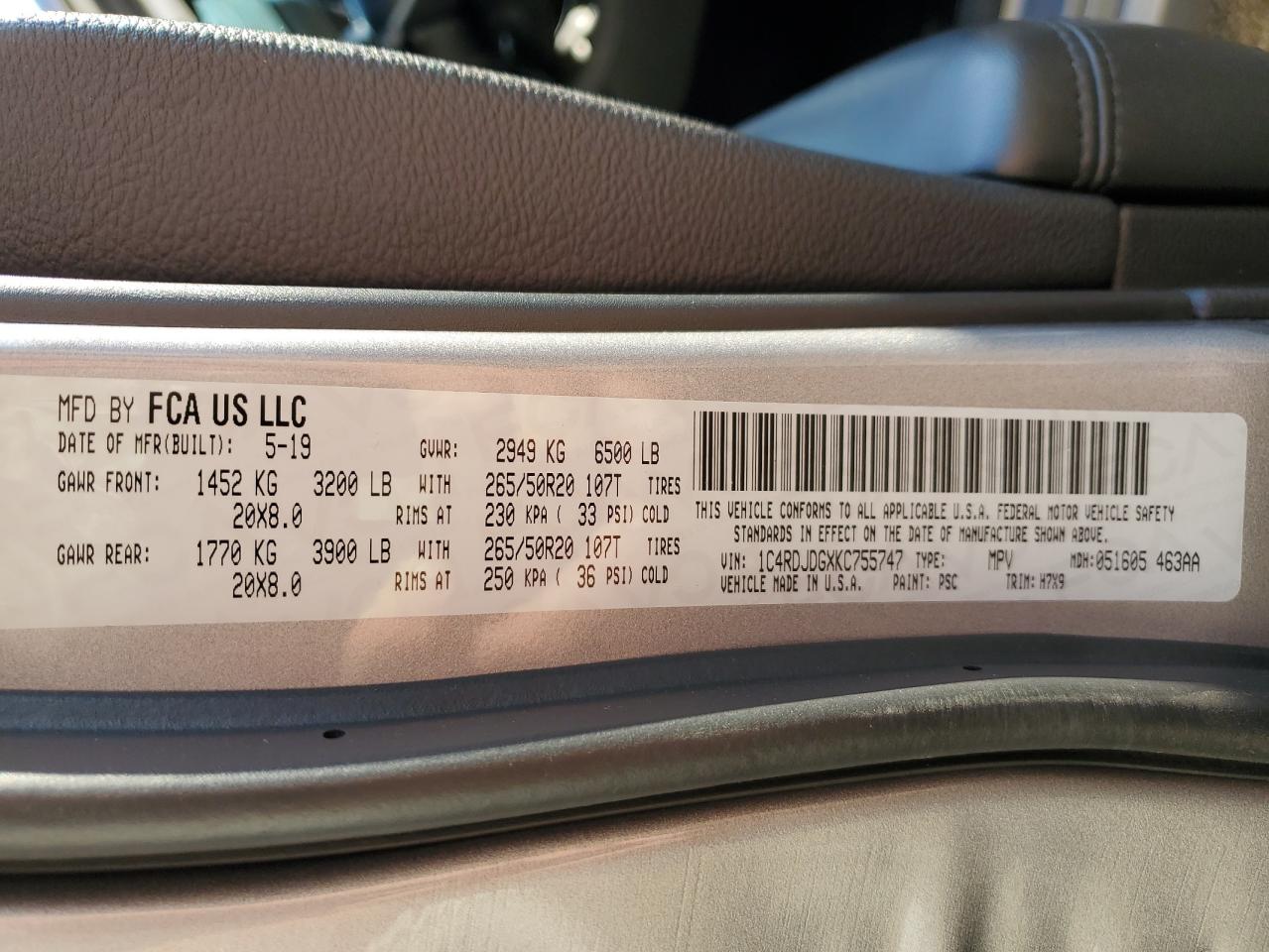 2019 Dodge Durango VIN 1C4RDJDGXKC755747 Copart auction photo, front end / side damage thumbnail 16