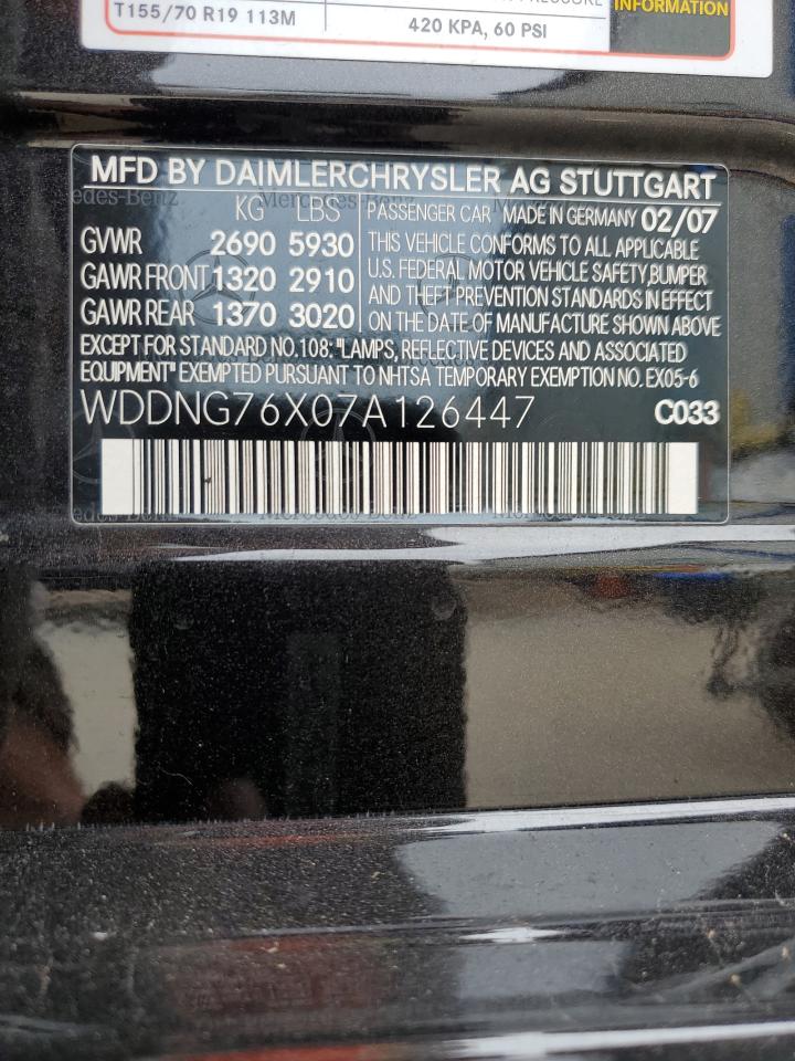 2007 Mercedes-Benz S-klasse VIN WDDNG76X07A126447 Copart auction photo, vandalism damage thumbnail 12