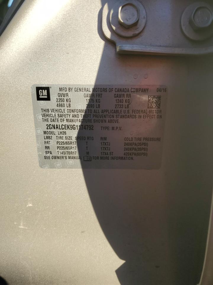 2016 Chevrolet Equinox VIN 2GNALCEK9G1174792 Copart auction photo, front end damage thumbnail 13