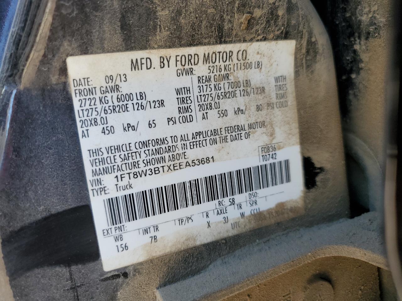 2014 Ford F350 VIN 1FT8W3BTXEEA53681 Copart auction photo, front end / hail damage thumbnail 12