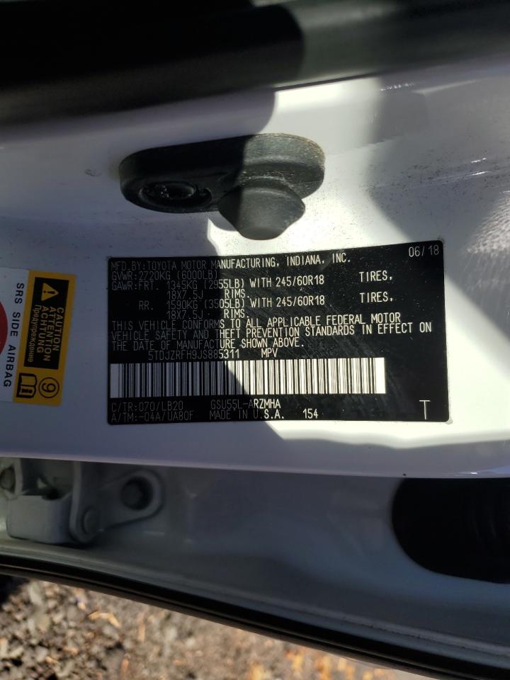 2018 Toyota Highlander VIN 5TDJZRFH9JS885311 Copart auction photo, front end / side damage thumbnail 15