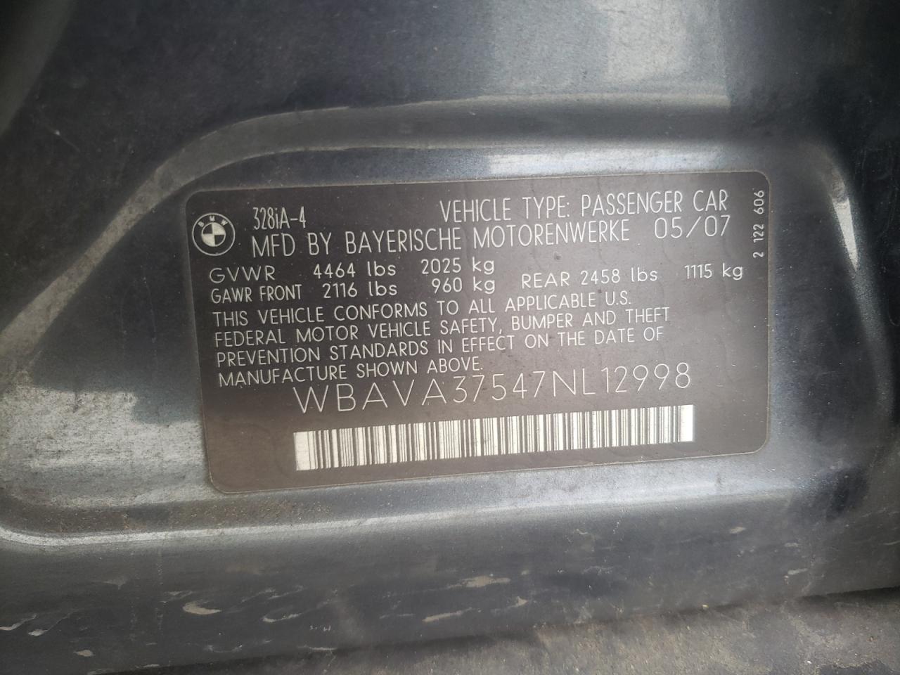 2007 BMW 3er VIN WBAVA37547NL12998 Copart auction photo, front end damage thumbnail 12