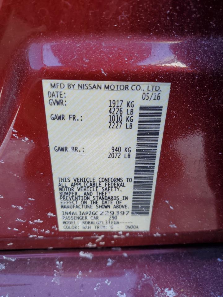 2016 Nissan Altima VIN 1N4AL3AP2GC229397 Copart auction photo, rear end / side damage thumbnail 12