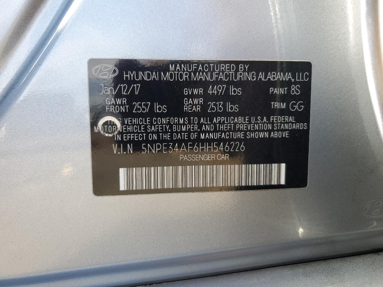 2017 Hyundai Sonata VIN 5NPE34AF6HH546226 Copart auction photo, front end / minor dent/scratches damage thumbnail 14