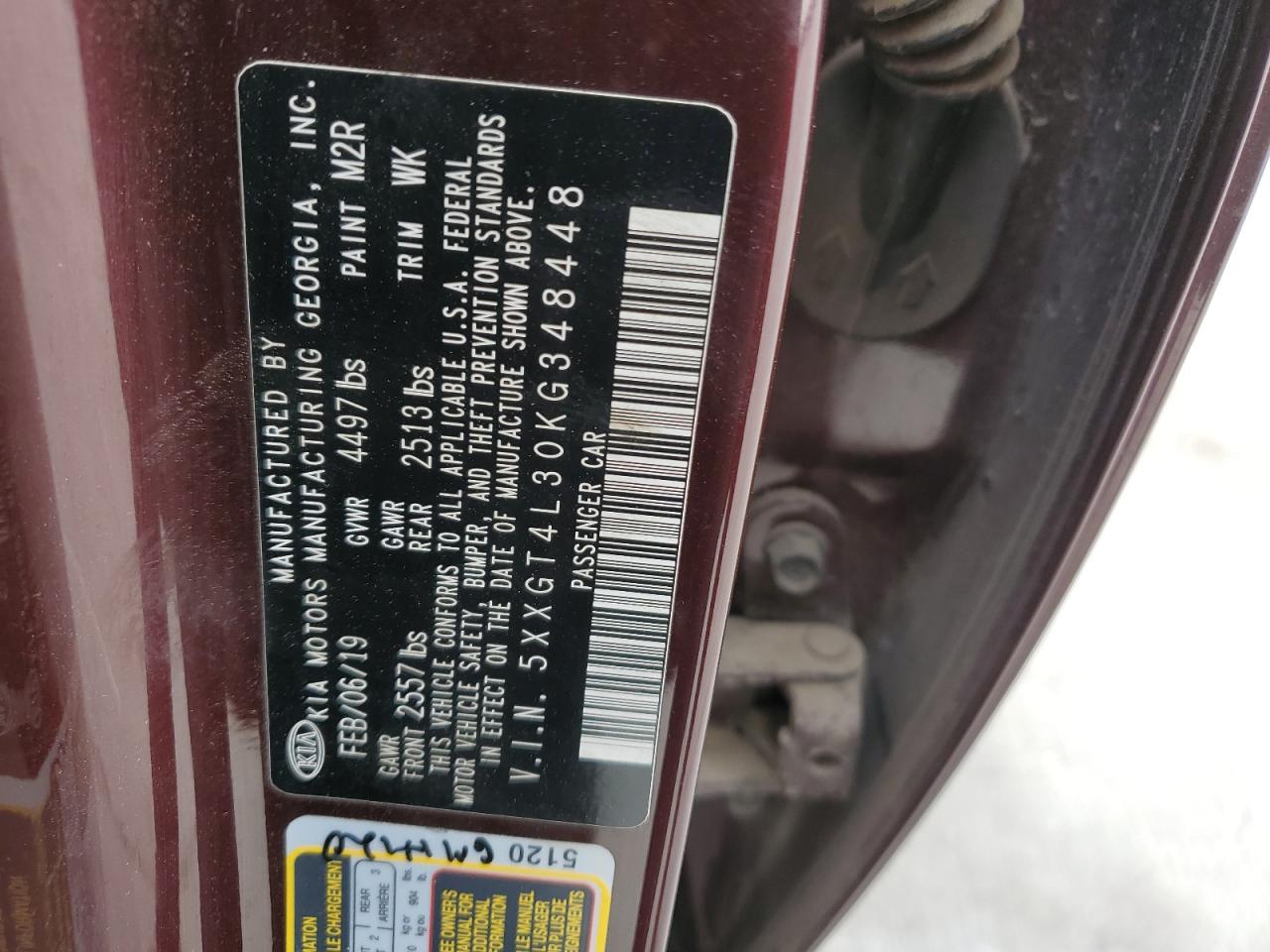 2019 KIA Optima VIN 5XXGT4L30KG348448 Copart auction photo, rear end damage thumbnail 12