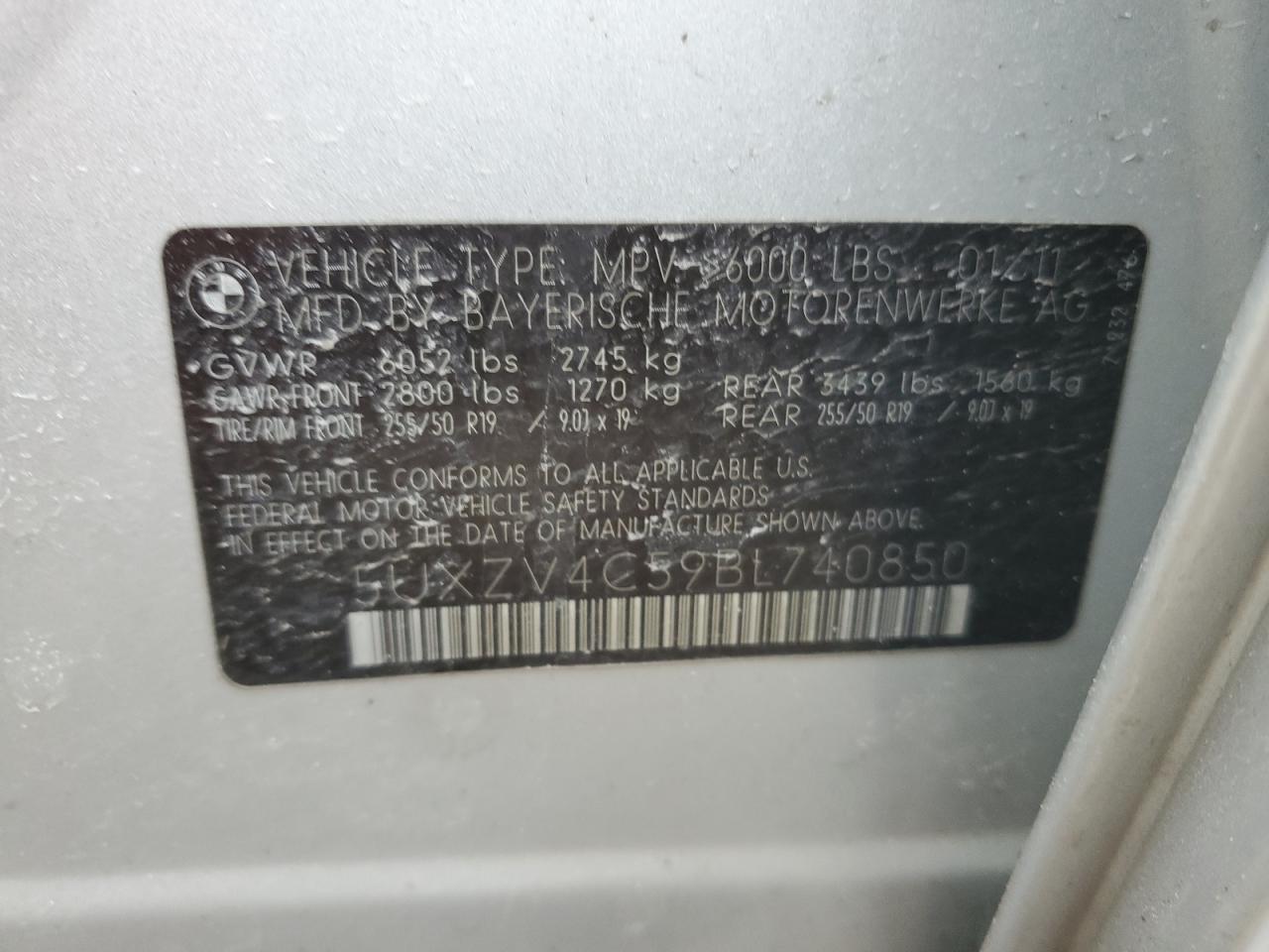 2011 BMW X5 VIN 5UXZV4C59BL740850 Copart auction photo, front end damage thumbnail 12