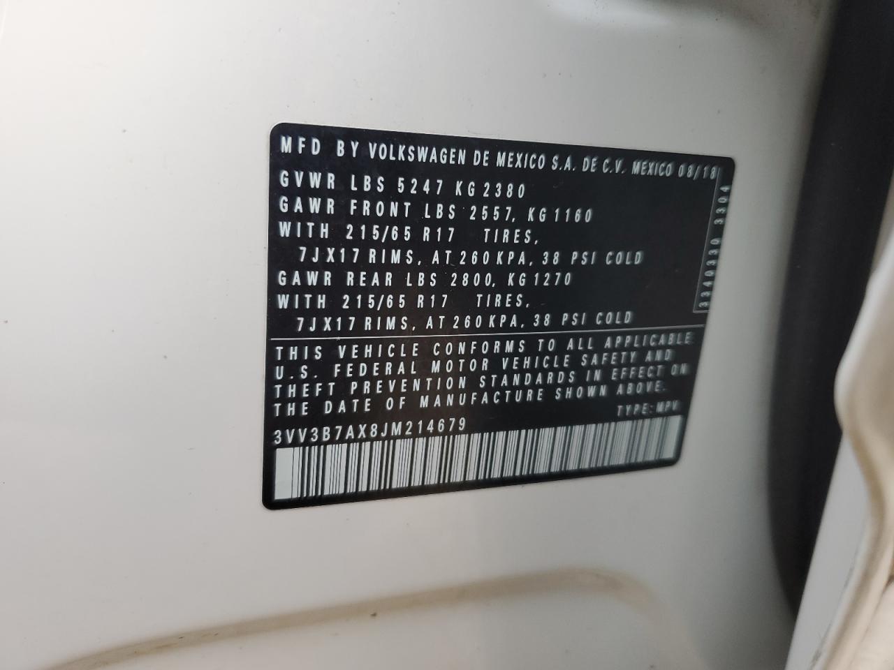 2018 Volkswagen Tiguan VIN 3VV3B7AX8JM214679 Copart auction photo, front end / side damage thumbnail 16