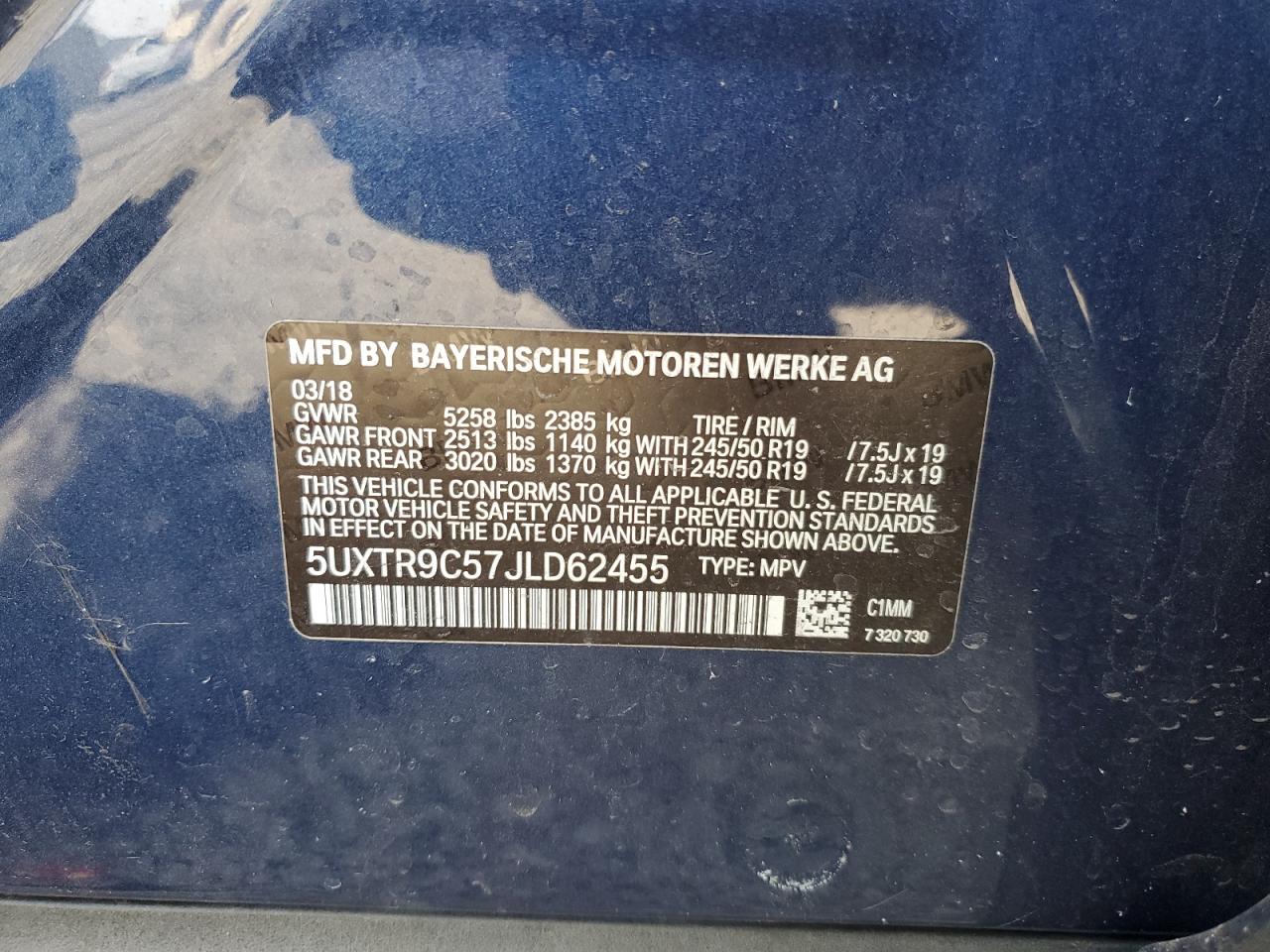 2018 BMW X3 VIN 5UXTR9C57JLD62455 Copart auction photo, all over damage thumbnail 14