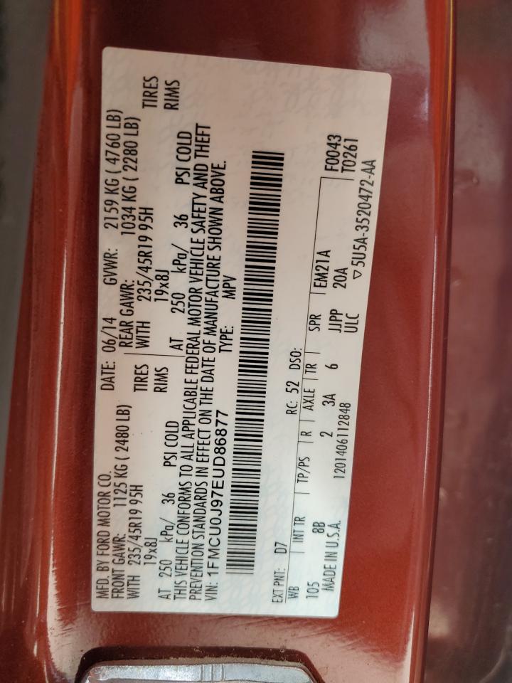 2014 Ford Escape VIN 1FMCU0J97EUD86877 Copart auction photo, side / front end damage thumbnail 13