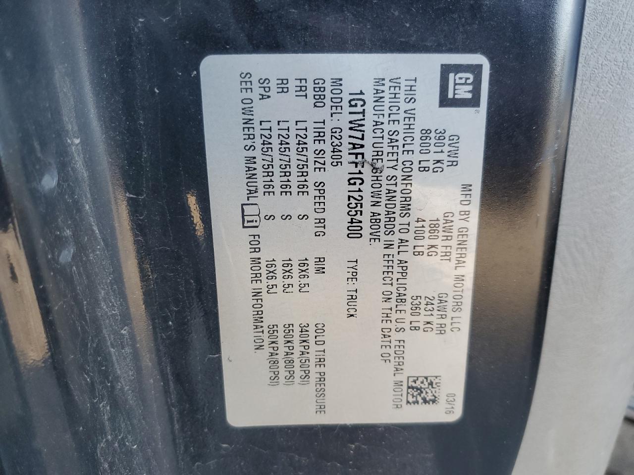 2016 GMC Savana VIN 1GTW7AFF1G1255400 Copart auction photo, front end damage thumbnail 15