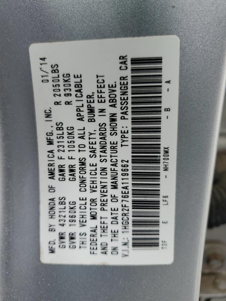 2014 Honda Accord VIN 1HGCR2F76EA119662 Copart auction photo, front end / mechanical damage thumbnail 13
