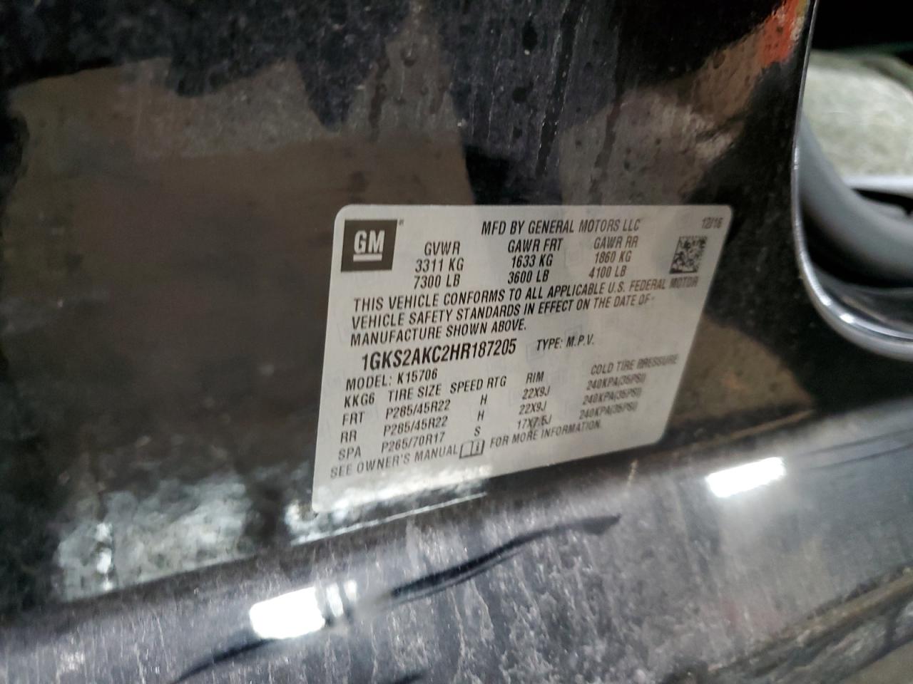2017 GMC Yukon VIN 1GKS2AKC2HR187205 Copart auction photo, front end / side damage thumbnail 13