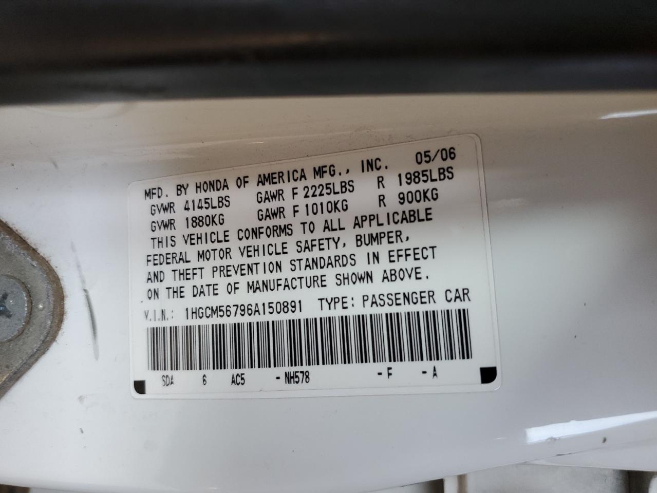 2006 Honda Accord VIN 1HGCM56796A150891 Copart auction photo, front end damage thumbnail 14