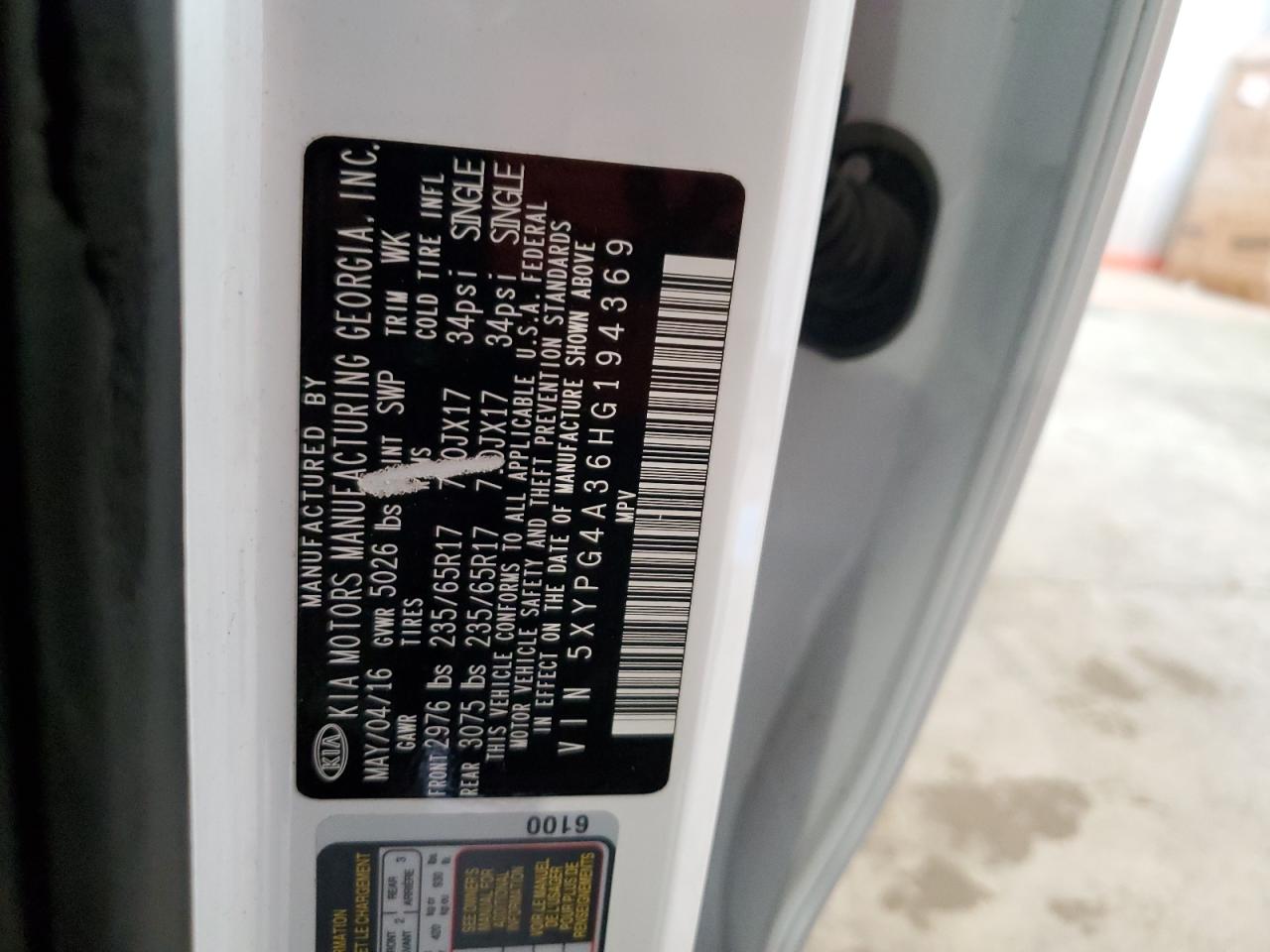 2017 KIA Sorento VIN 5XYPG4A36HG194369 Copart auction photo, front end damage thumbnail 13