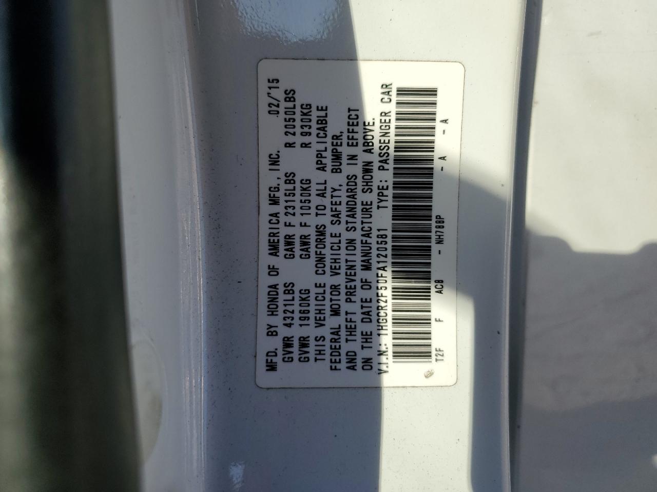 2015 Honda Accord VIN 1HGCR2F50FA120581 Copart auction photo, front end damage thumbnail 13