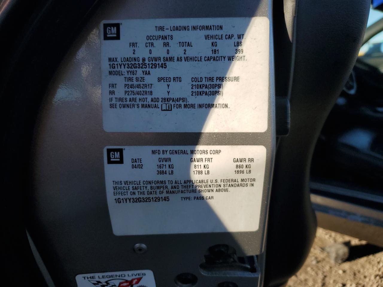 2002 Chevrolet Corvette VIN 1G1YY32G325129145 Copart auction photo, rear end damage thumbnail 12