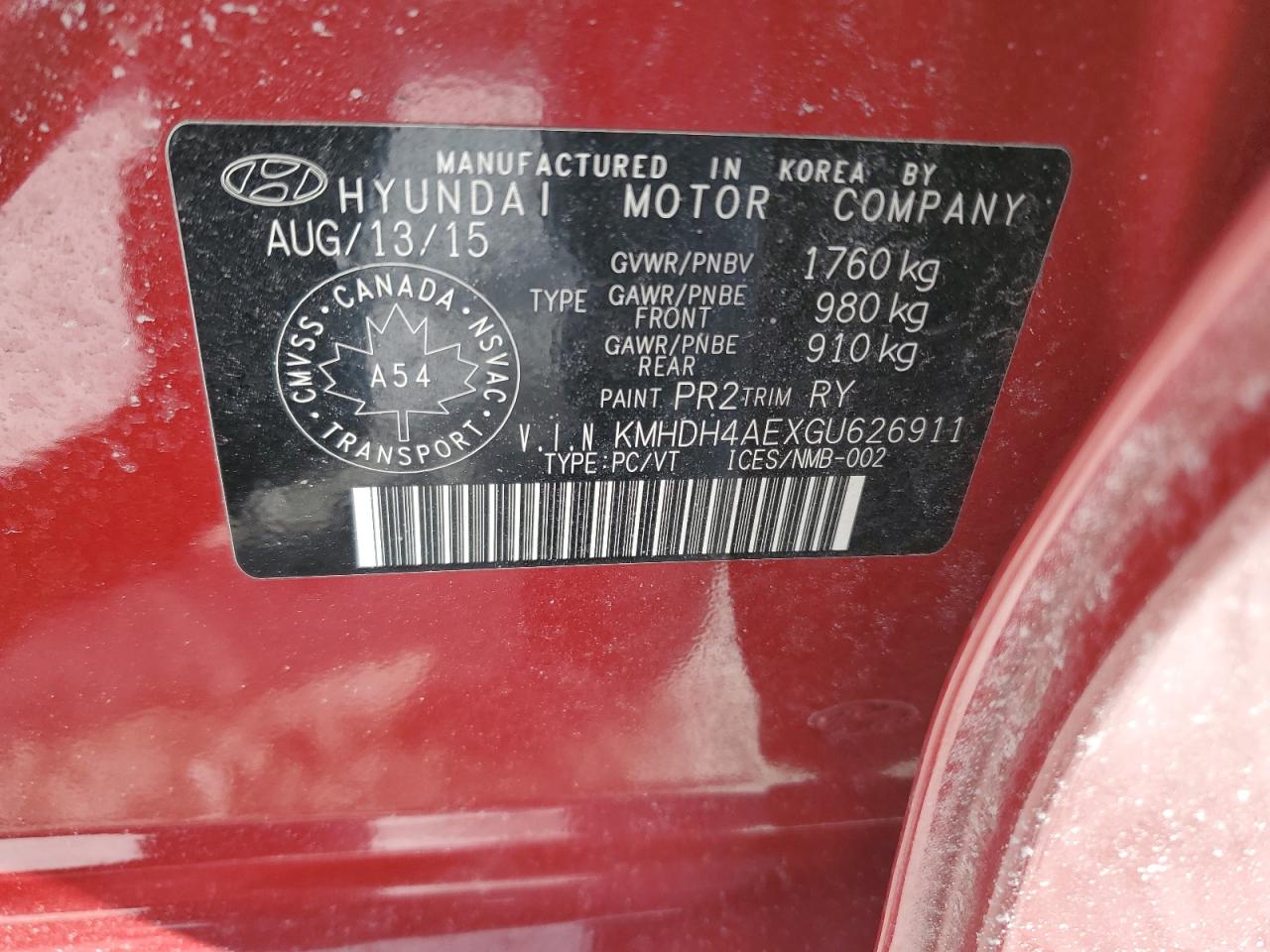 2016 Hyundai Elantra VIN KMHDH4AEXGU626911 Copart auction photo, front end / side damage thumbnail 13