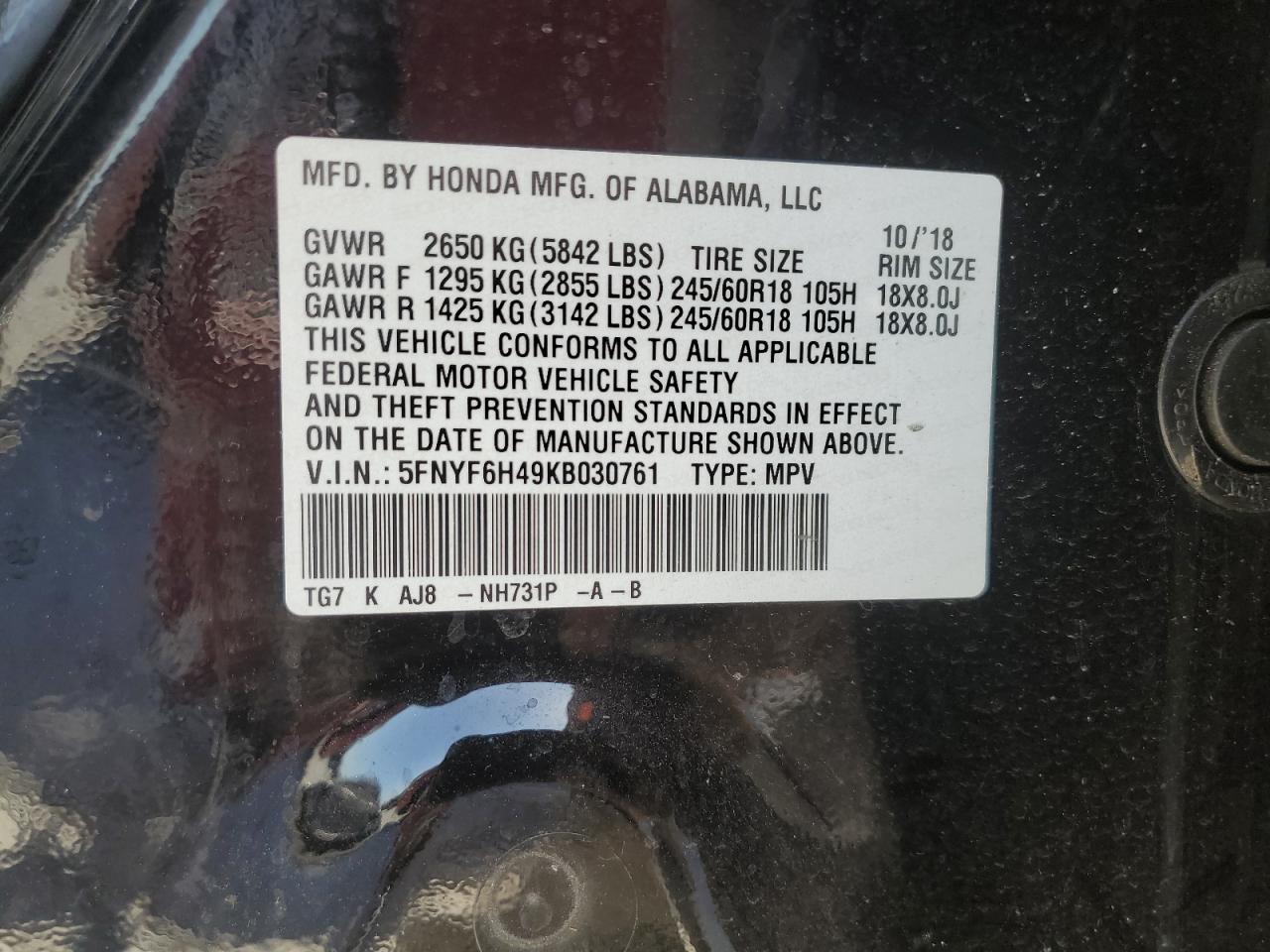 2019 Honda Pilot VIN 5FNYF6H49KB030761 Copart auction photo, front end damage thumbnail 13