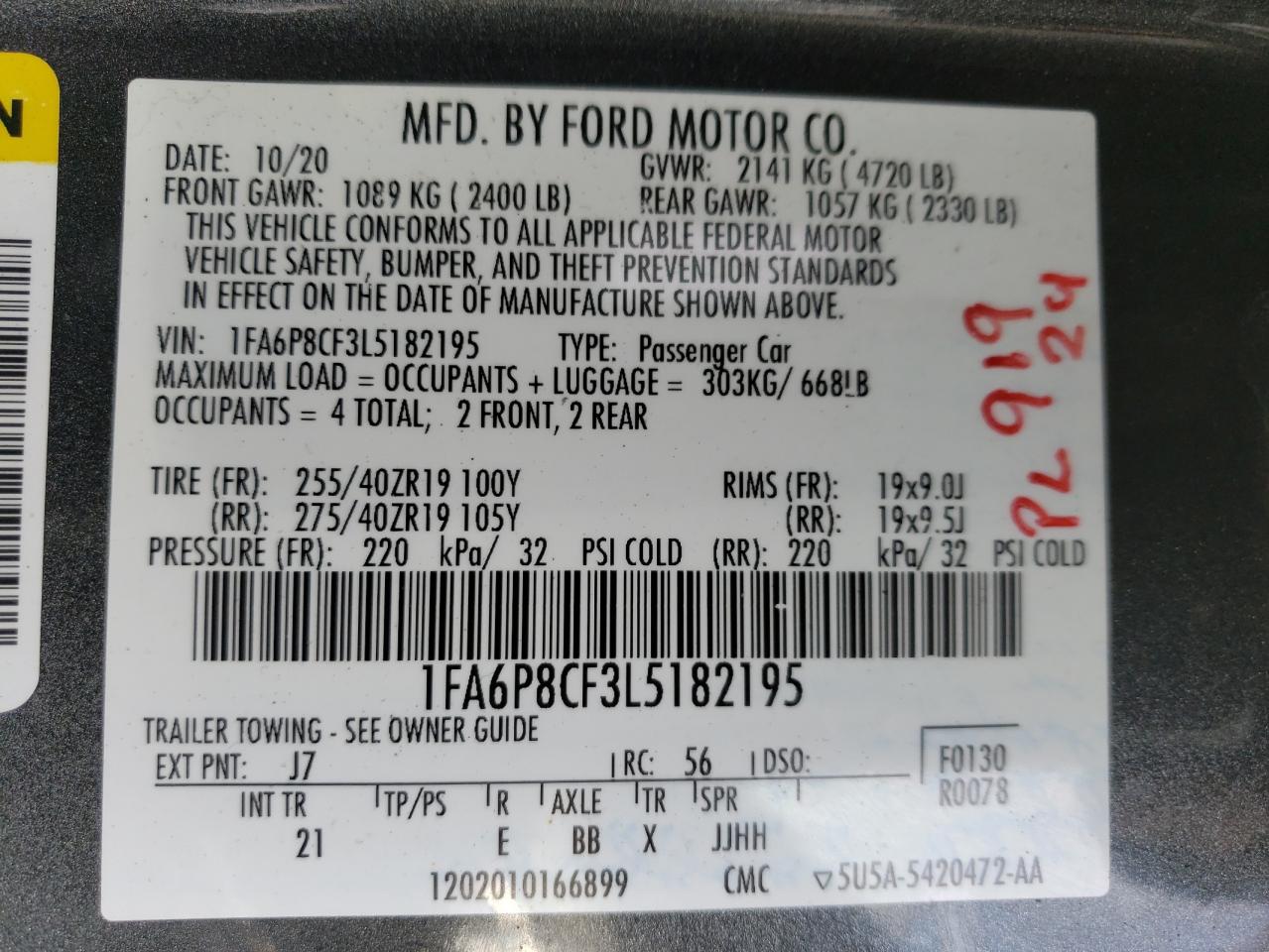 2020 Ford Mustang VIN 1FA6P8CF3L5182195 Copart auction photo, front end / undercarriage damage thumbnail 15