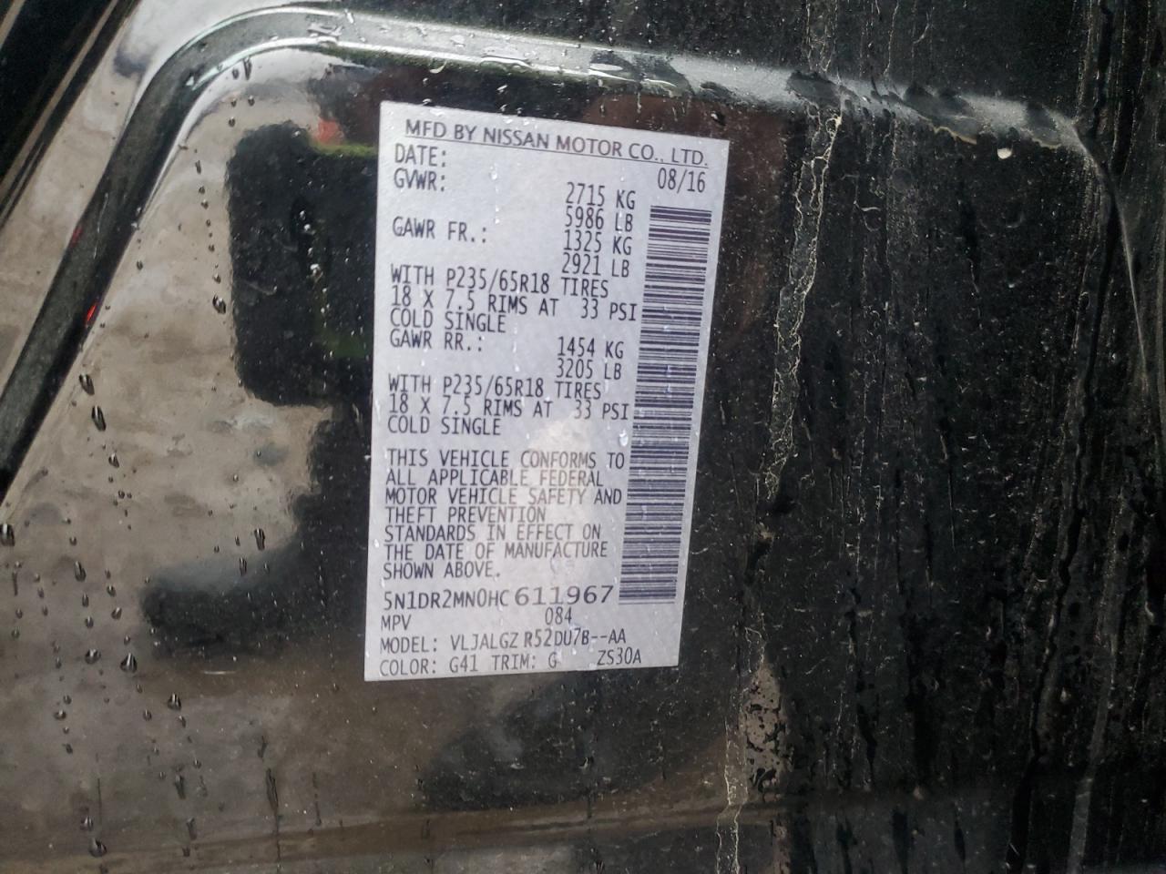 2017 Nissan Pathfinder VIN 5N1DR2MN0HC611967 Copart auction photo, rear end damage thumbnail 13