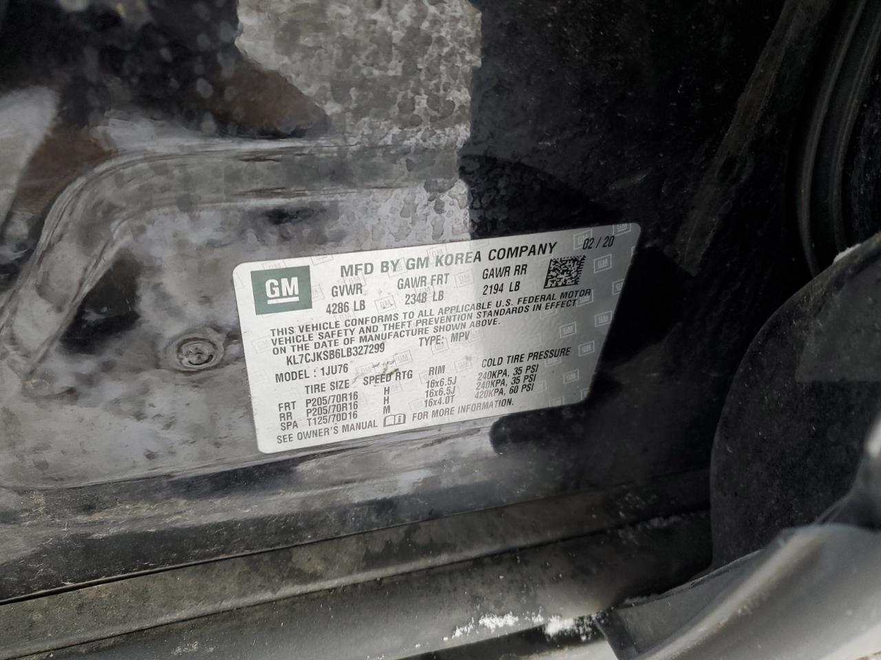 2020 Chevrolet Trax VIN KL7CJKSB6LB327299 Copart auction photo, front end / undercarriage damage thumbnail 14