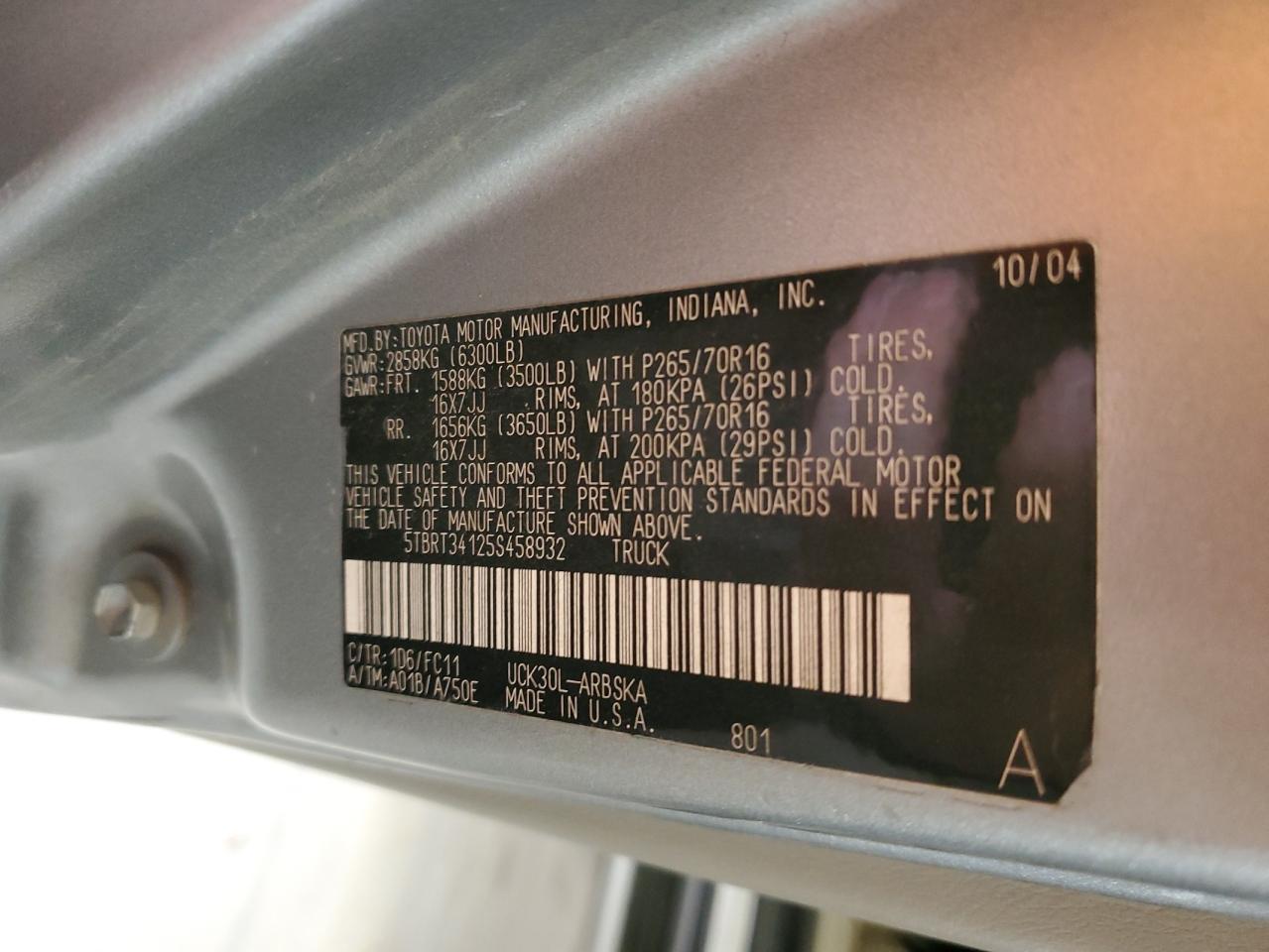 2005 Toyota Tundra VIN 5TBRT34125S458932 Copart auction photo, top/roof / rear end damage thumbnail 12