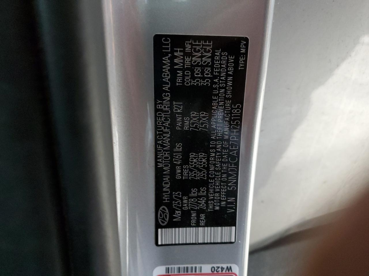 2023 Hyundai Tucson VIN 5NMJFCAE7PH251185 Copart auction photo, front end / side damage thumbnail 15