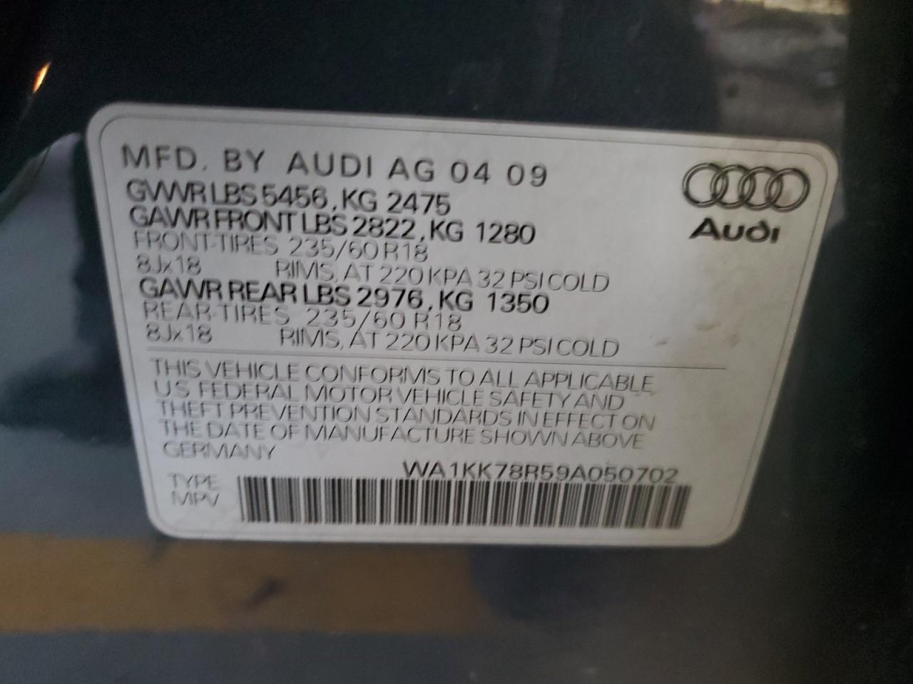 2009 Audi Q5 VIN WA1KK78R59A050702 Copart auction photo, burn / mechanical damage thumbnail 13