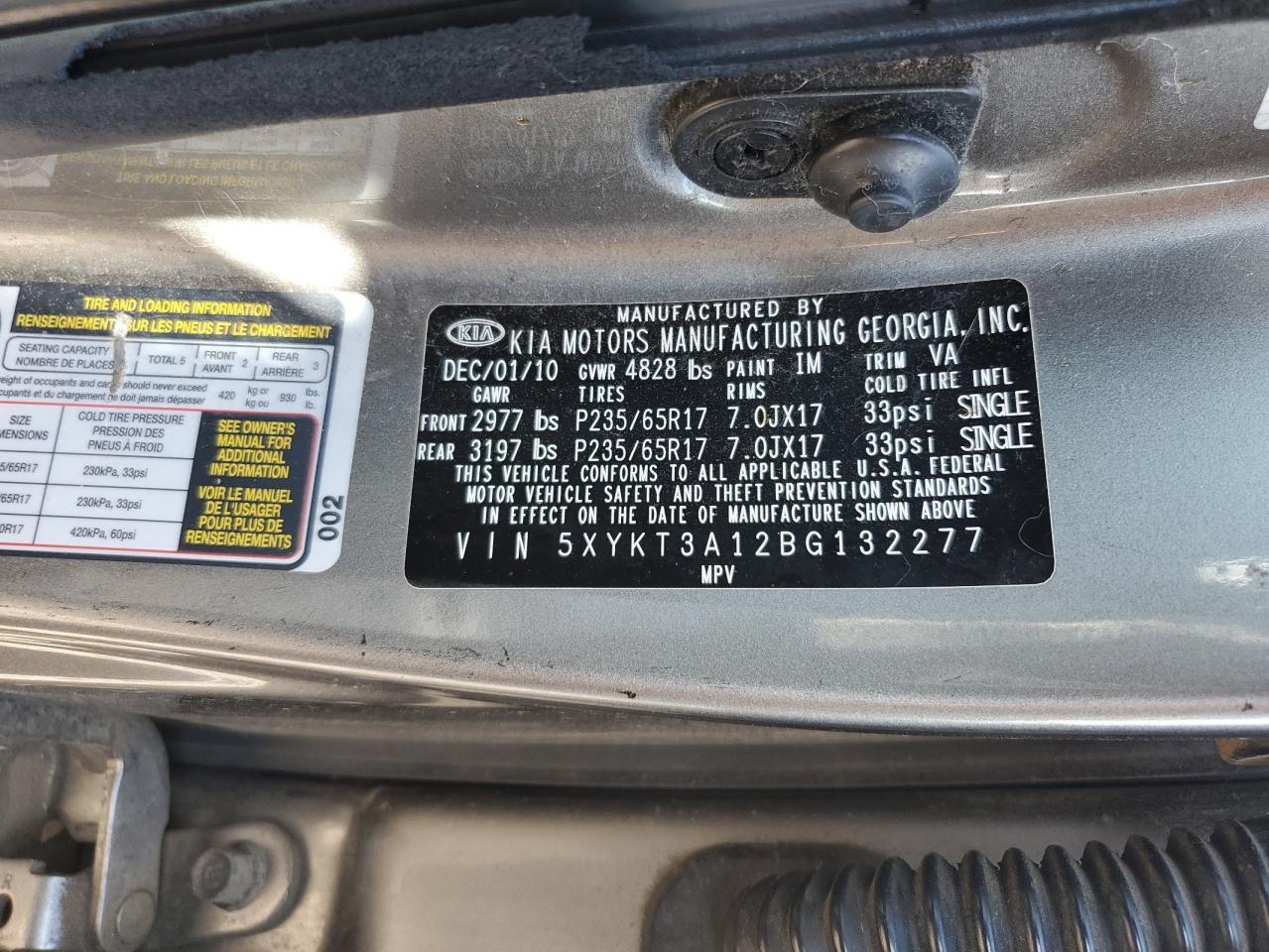2011 KIA Sorento VIN 5XYKT3A12BG132277 Copart auction photo, front end / side damage thumbnail 12