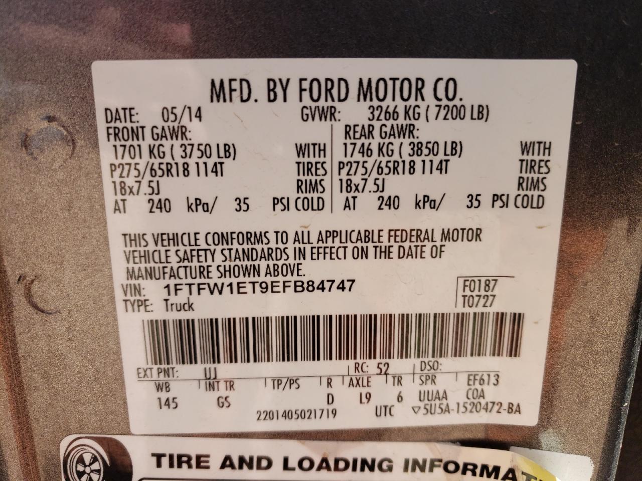2014 Ford F-150 VIN 1FTFW1ET9EFB84747 Copart auction photo, hail damage thumbnail 12