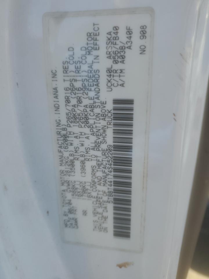 2004 Toyota Tundra VIN 5TBBT44174S452209 Copart auction photo, biohazard/chemical / front end damage thumbnail 12