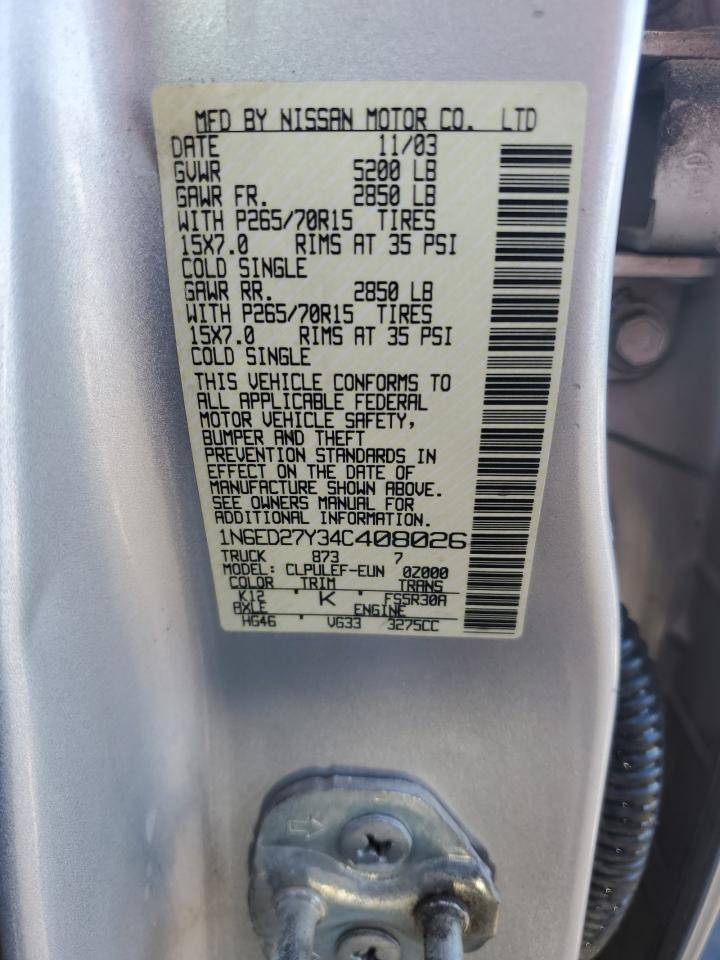 2004 Nissan Navara (Frontier) VIN 1N6ED27Y34C408026 Copart auction photo, front end / rear end damage thumbnail 12