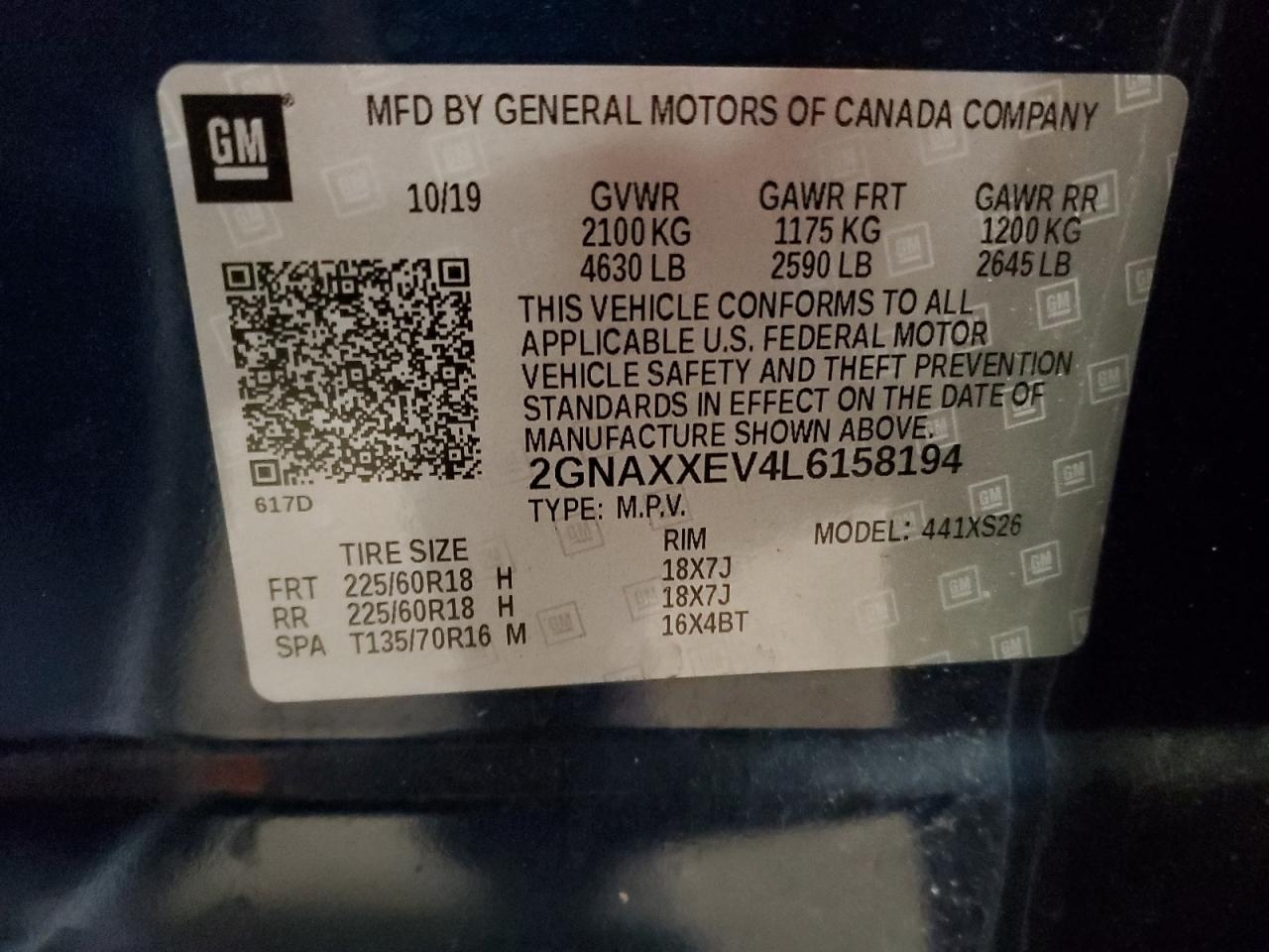 2020 Chevrolet Equinox VIN 2GNAXXEV4L6158194 Copart auction photo, front end / side damage thumbnail 13