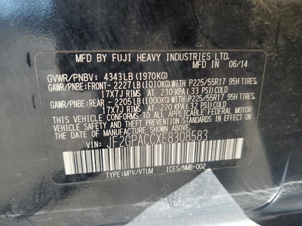 2014 Subaru XV VIN JF2GPACCXE8308583 Copart auction photo, front end / minor dent/scratches damage thumbnail 12