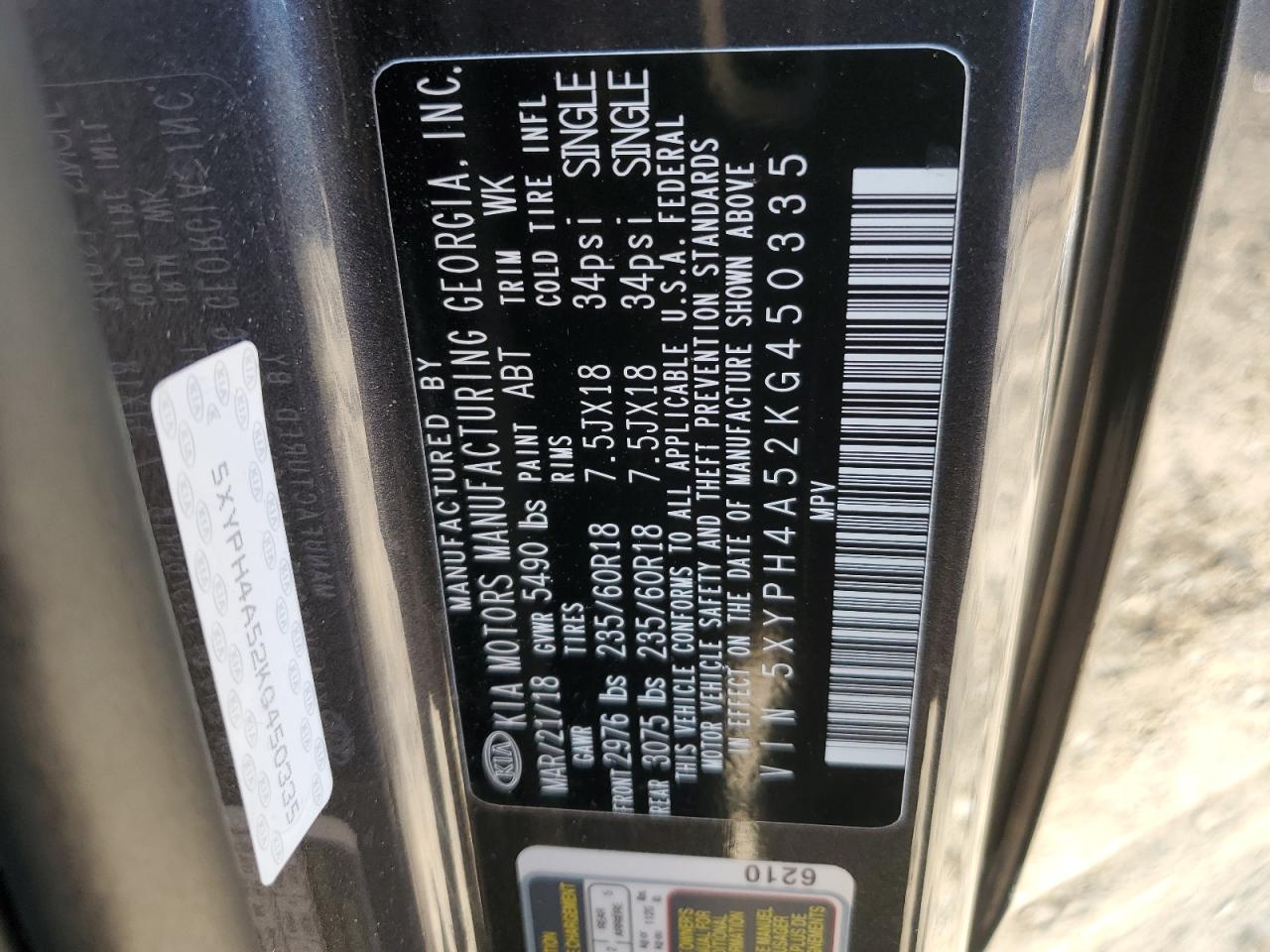 2019 KIA Sorento VIN 5XYPH4A52KG450335 Copart auction photo, front end / rear end damage thumbnail 16