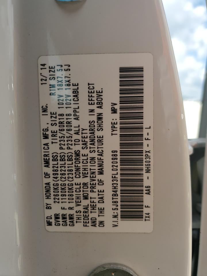 2015 Acura RDX VIN 5J8TB4H33FL020989 Copart auction photo, water/flood damage thumbnail 13